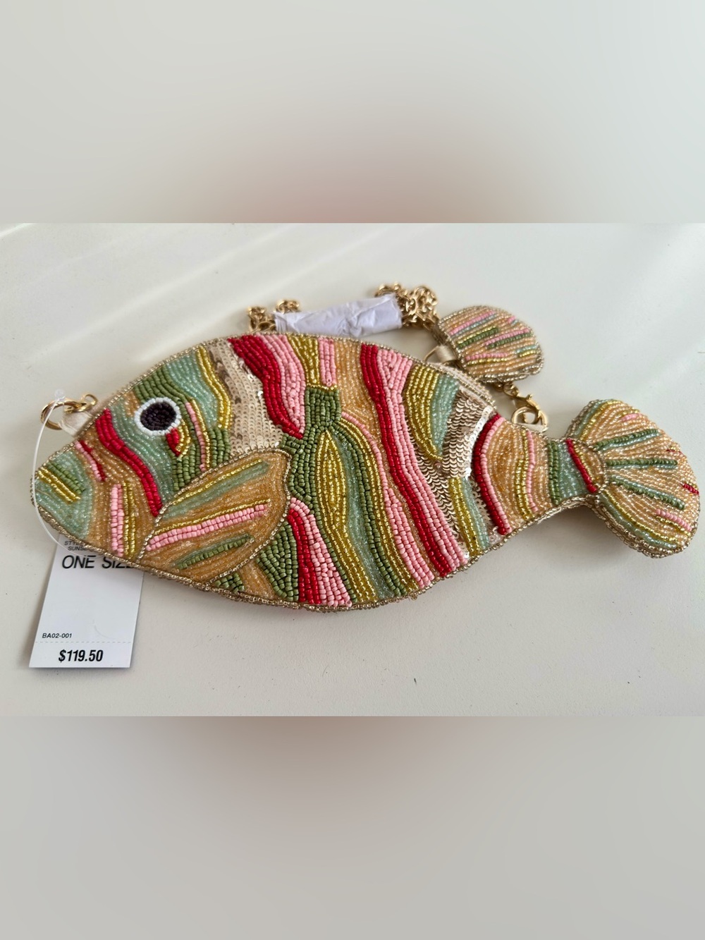 🐠🐟 Inc. Concept Multicolor Beaded Fish Crossbody - Pink, Green, Gold, Cotal